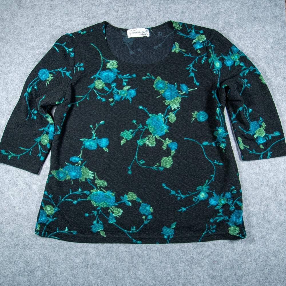 Sarah Bentley Floral Textured Knit Top Blue Green Teal 3/4 Sleeve Blouse Sz XL